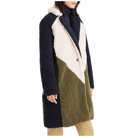 J.Crew Color block Sherpa Faux Shearling TopCoat Navy/Ivory/Olive Sz L - Picture 5 of 11